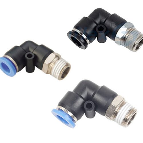 Codo neumático rápido tipo L para espacios reducidos.