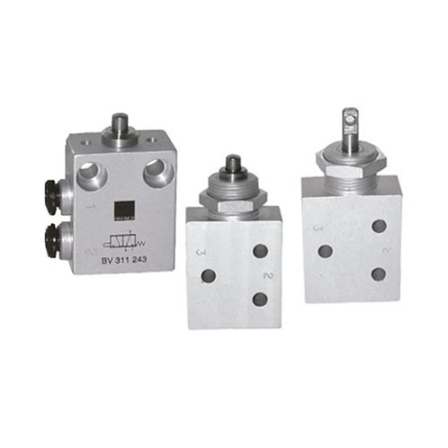 Válvula neumática de accionamiento manual por pulsador y palanca.